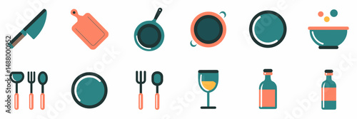 Simple vector icons of kitchen items in a grid – Suitable for kitchen product packaging, food websites, or UI/UX design.