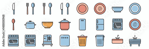 Simplistic vector icon sheet of kitchen appliances and utensils – Ideal for culinary infographics, tech integration, or household branding.
