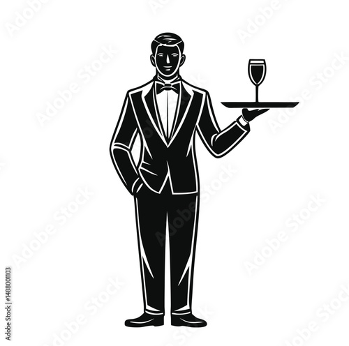 Elegant Waiter Silhouette Holding Wine Glass on Tray