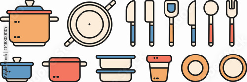 Flat design vector kitchen items in a row on white background – Suitable for culinary blogs, restaurant menus, or food delivery apps