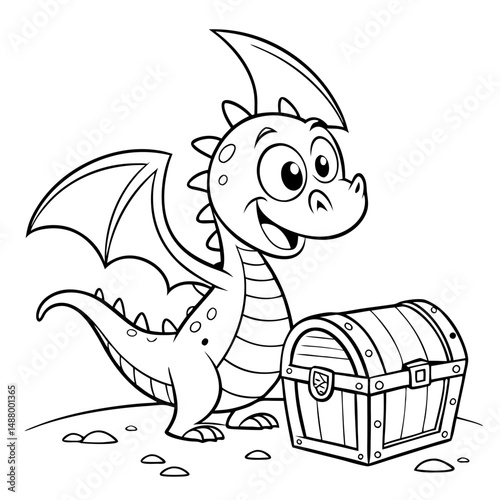 Cute Dragon with Treasure Chest Coloring Page