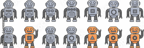 Vector icon sheet of robots in different poses – Ideal for mobile apps, robotics education, or UI design
