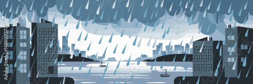 Rain falling over cityscape by a lake – Ideal for weather apps, calming backgrounds, or environmental visuals