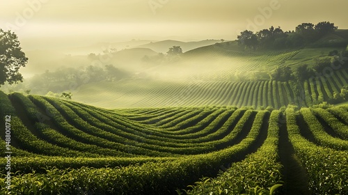 Irrigated tea plantation on foggy rolling hills