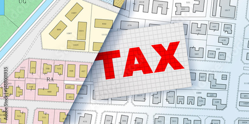 PROPERTY AND REAL ESTATE TAXES AND FEES CONCEPT with cadastral map and general urban plan - Taxes during the transfer of real estate or buying housing and land - Stamp Duty on land and property