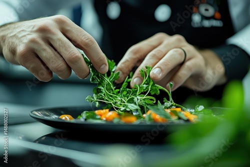 Wallpaper Mural Culinary artistry a chef garnishing a dish with fresh herbs professional kitchen photography close-up view gourmet concept Torontodigital.ca