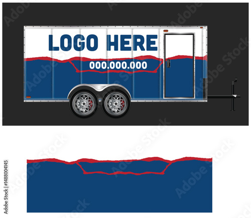 Enclosed Cargo Trailer Mockup with Blue and Red Design
