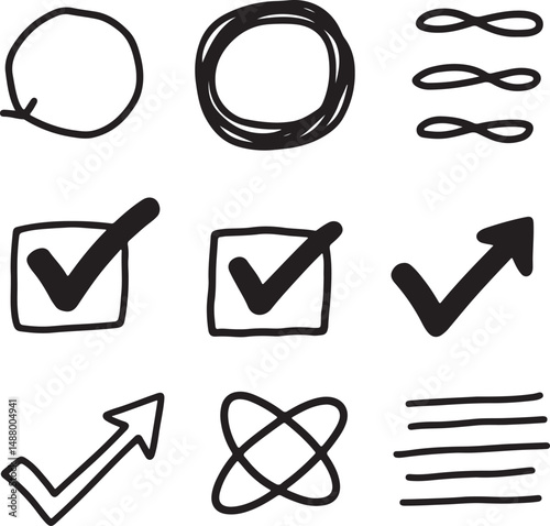 Black and White Doodle Icon Set with Various Symbols, Arrows, and Checkmarks