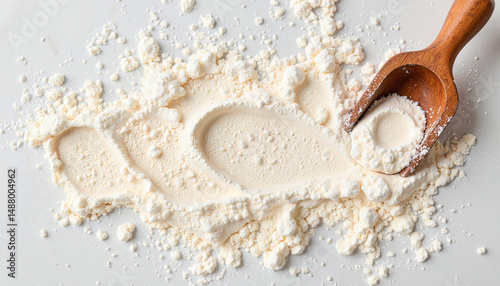 Tapioca flour texture highlighted by wooden scoop in bright kitchen, baking