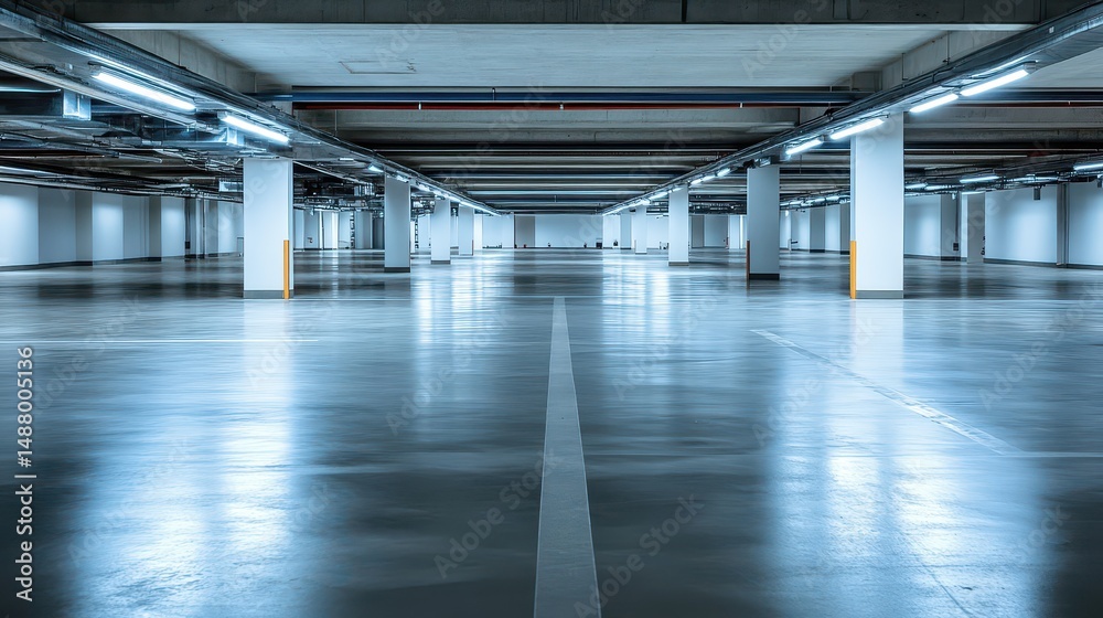 Naklejka premium Empty underground parking lot with bright lights