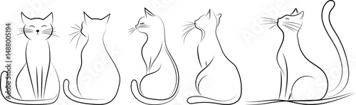 set cats sitting line drawing, sketch, outline, vector