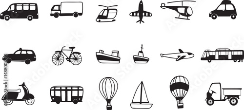 Comprehensive Collection of Transportation and Travel Symbols and Icons on white background.