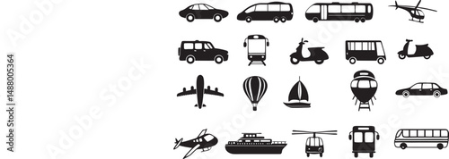 Comprehensive Collection of Transportation and Travel Symbols and Icons on white background.
