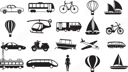 Comprehensive Collection of Transportation and Travel Symbols and Icons on white background.