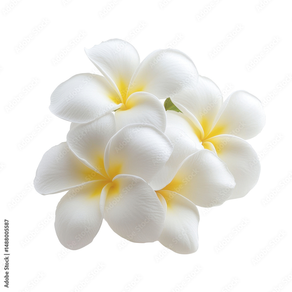 Naklejka premium Beautiful white frangipani flowers isolated on a clean background showcasing delicate petals and vibrant colors, Image frangipani tree with beautiful leaves and red flowers isolated on PNG background