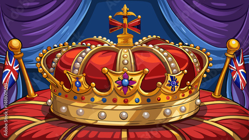 Golden Crown on Velvet Cushion with Union Jack Background, Royal Regalia, British Monarchy Royal Crown, British Symbolism