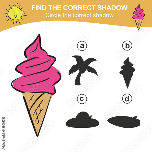 Find the correct shadow. Match the image with the shadow. Worksheet for kid. Educational printable worksheet. Simple gaming level for preschool kids. 
