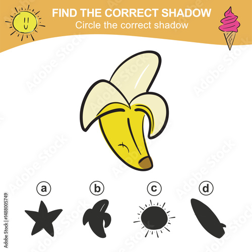 Find the correct shadow. Match the image with the shadow. Worksheet for kid. Educational printable worksheet. Simple gaming level for preschool kids. 