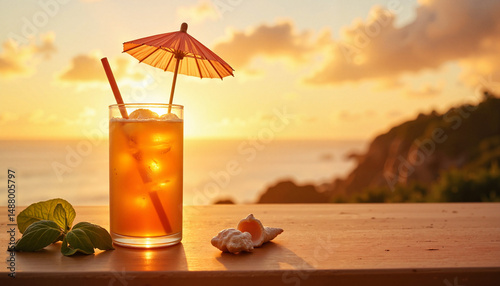 Apple basil mocktail on beachside table at sunset, summer refreshment
