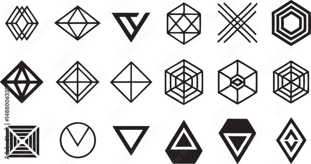 Geometric Patterns and Symbols in Abstract Art and Design on background is white. Geometric Patterns and Symbols in Abstract Art and Design on background is white.