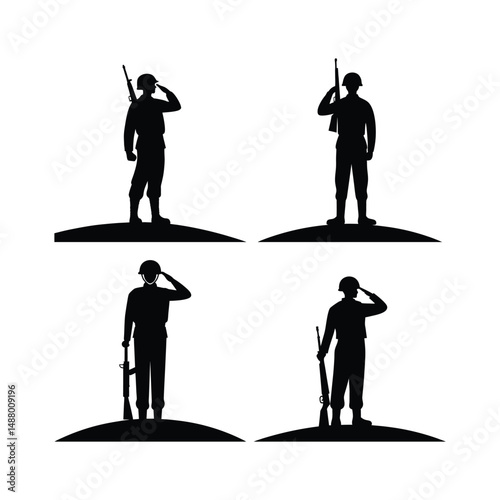 Four silhouettes of soldiers saluting with rifles on small hills in a vector graphic image