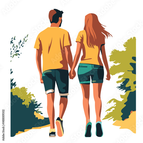 Для ИнтернетаCouple on a walk, colorful bright image, people, couple man and woman, rest, walk, hike, travel, tourism, nature, clothes,