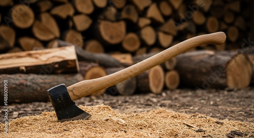 Ax stuck in wood with pile, chopped wood in background for lumberjack use