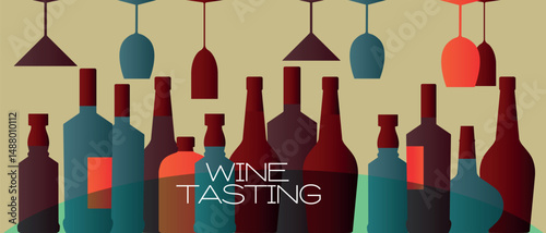 Party poster, sommelier, wine list, wine tasting. Set of alcohol bottles, wine, rum, whiskey, glasses