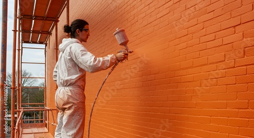 A Painter Using Spray Gun on Scaffolding, Painting a Brick Wall Orange