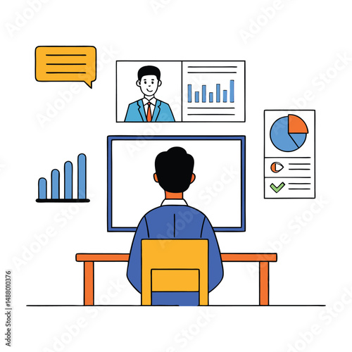 Person attending a virtual meeting with charts and graphs displayed on the computer screen setup