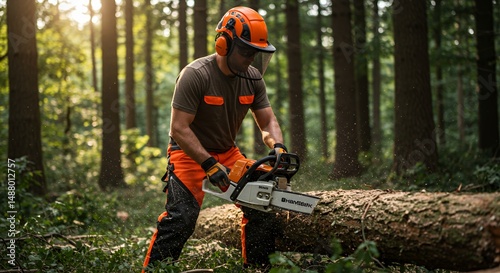 Lumberjack Cutting Tree in Forest