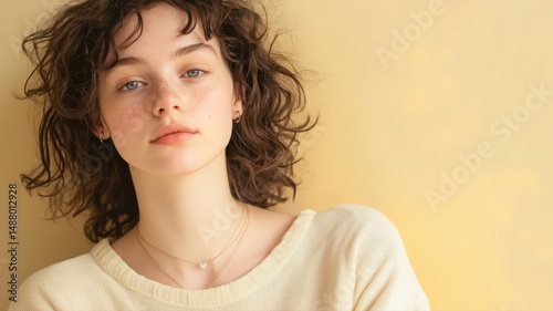 Close-Up Portrait of a Young Woman with Curly Hair and Freckles