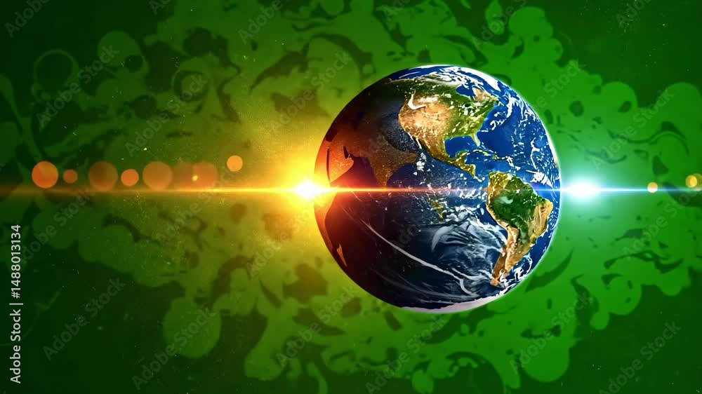 Rotating Earth with futuristic data beam graphics on green screen background, suitable for sci-fi intros and tech presentations