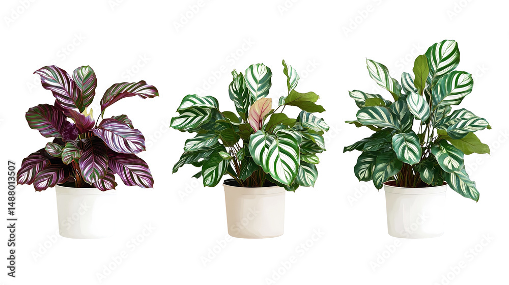 Fototapeta premium Three potted Calathea plants showcase nature s artistry vibrant foliage with unique leaf on transparent background