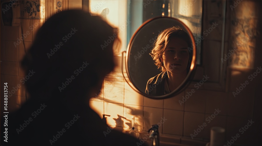 Fototapeta premium Woman Gazing at Reflection in Mirror - Self-Reflection Concept