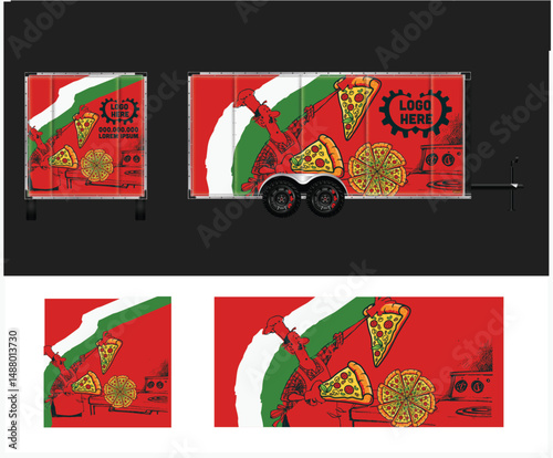 Pizza Food Truck Wrap Design Template with Italian Chef