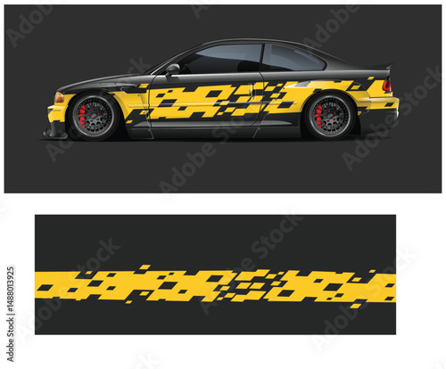 Black and Yellow Race Car Design with Abstract Stripes