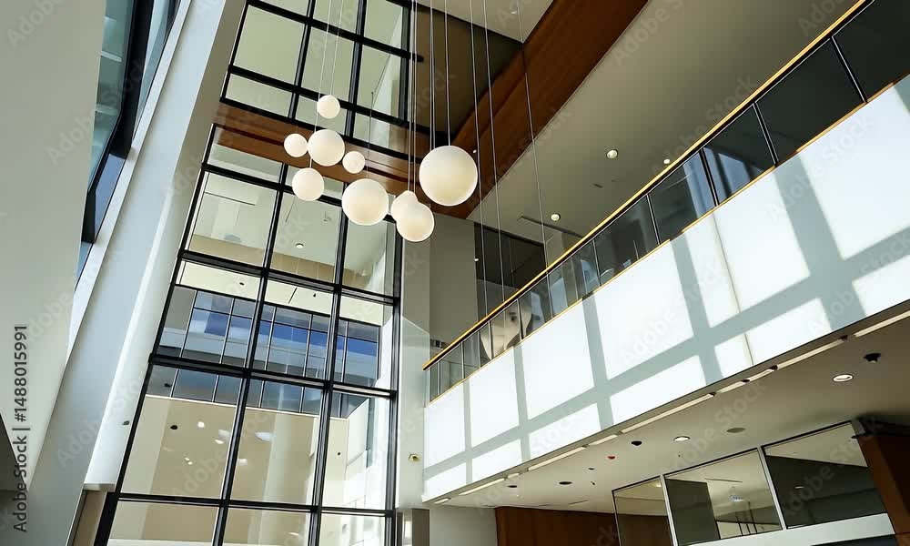 Bright Building Lobby with White Walls Globe Lighting and Large Windows in Contemporary Design