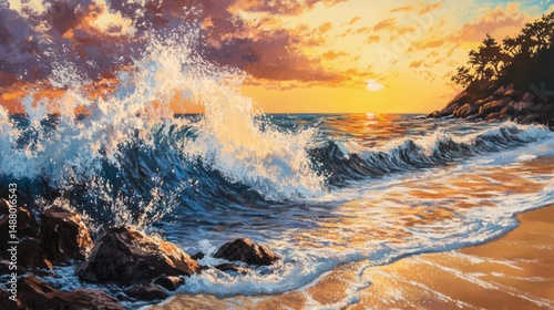 Coastal Serenity: An Impressionistic Seascape Painting Featuring Waves and Sunset photo