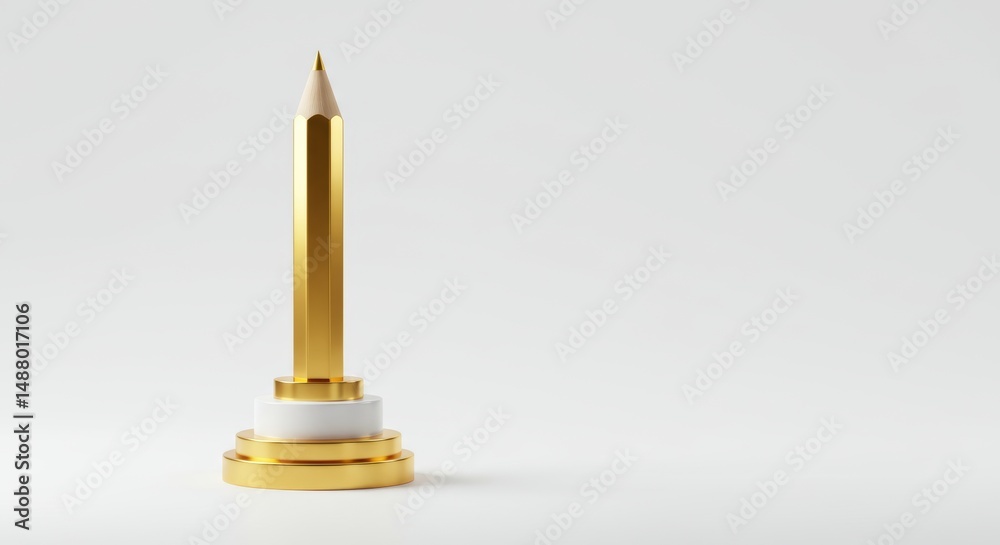 Gleaming golden pencil trophy of creative excellence against stark white backdrop Gleaming golden pencil trophy of creative excellence against stark white backdrop