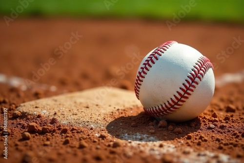 Close-up, baseball on home plate,dirt background, home plate, close up, sport