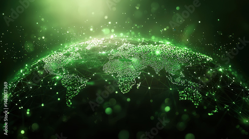 Digital representation of green globe showcasing interconnected networks and data points, symbolizing global connectivity and technology