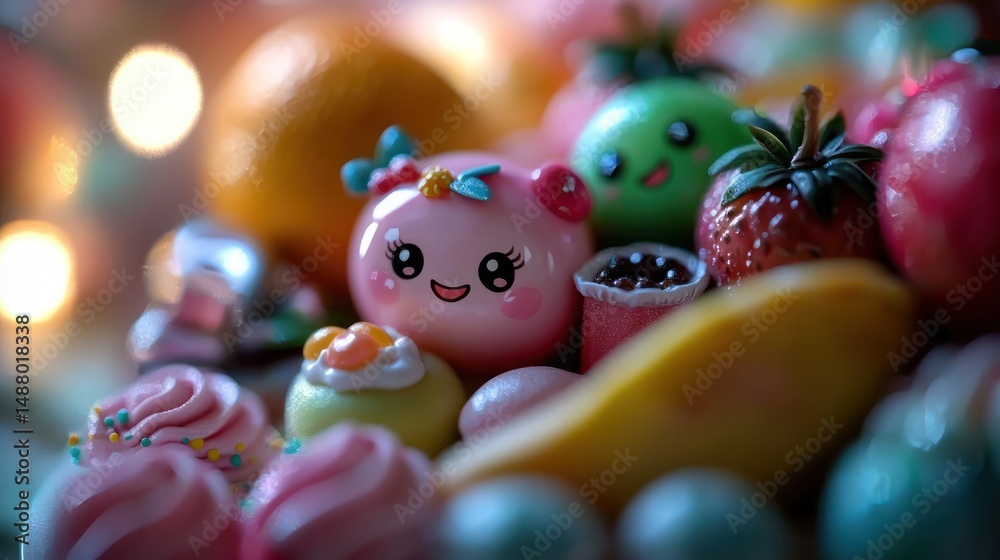 Obraz premium Colorful assortment of cute, miniature desserts and fruits arranged artfully with soft bokeh background