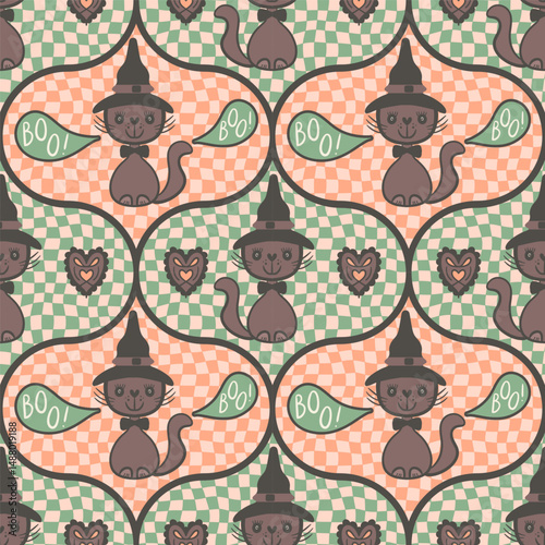 Dark brown halloween cats with witch hats in mint green peach pink checkered ogee shapes
