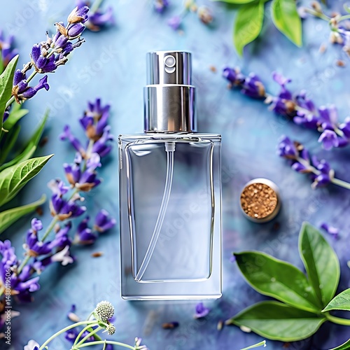Elegant perfume bottle with lavender flowers and leaves on blue background