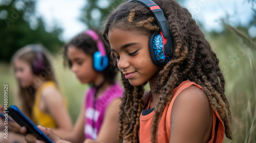 Young Girls With Focused Mood Listening To Music In Headphones Against Natural Setting