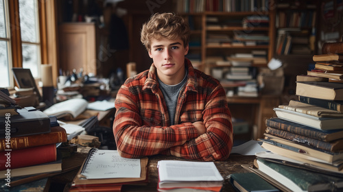 Young Man With Overwhelmed Mood Sitting At Wooden Desk Against Winter Window