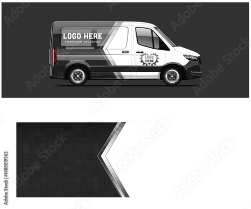 Black and White Van Mockup with Geometric Design for Branding