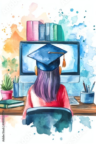 Digital elearning setup, education technology and consulting concept, person attending virtual class, watercolor clipart, isolated illustration