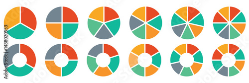 Pie chart set. Colorful diagram collection with 2,3,4,5,6 sections or steps. Circle icons for infographic, UI, web design, business presentation. Vector illustration
